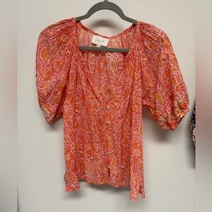 Cleobella Top Shirt Blouse Womens Small Pink Orange Tropical Puff Sleeve Floral